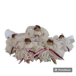 Vintage Five Yarn Mop Dolls Thimble Wood Bead Satin Ribbon Tulle Accent Handmade